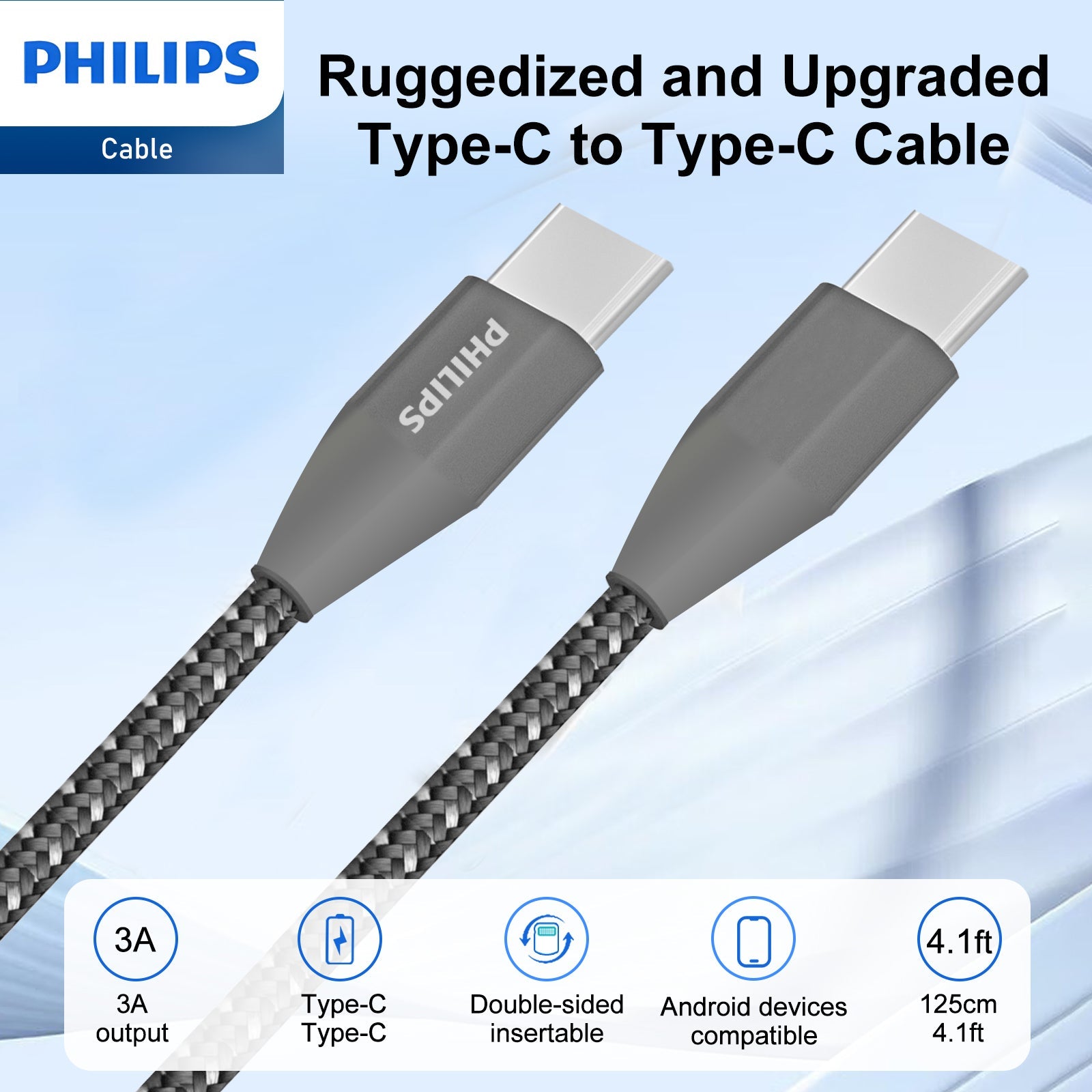 Philips USB-C to Type-C Charge Sync Cable, USB Type C PD Charging Cord for iPhone 15 MacBook Pro, Huawei Matebook, iPad Pro 2020, Chromebook, Pixel 6, Samsung Note 10 S21 S20 (1.25M, Black) DLC4548C - Image 7