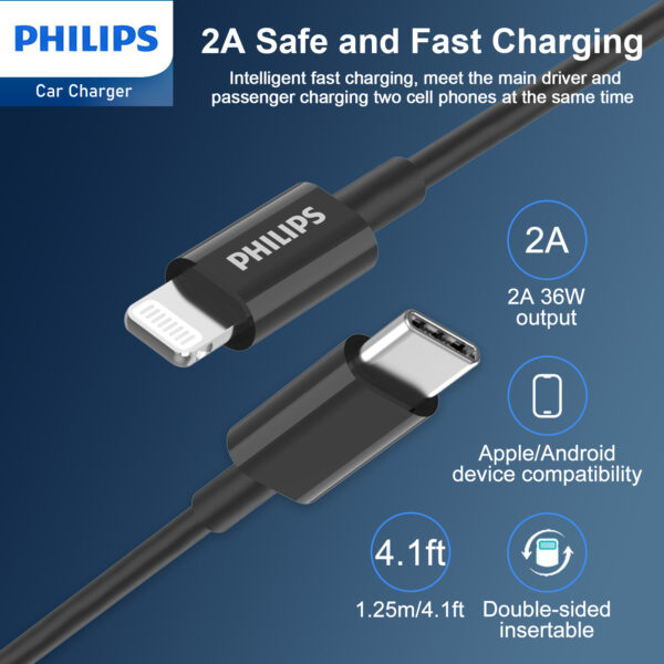 Philips QC+PD Car Charger with USB-C to Lightning Cable (DLP2521L) - Image 6