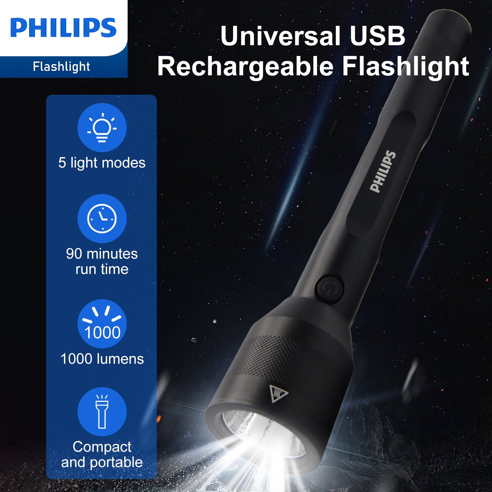 Philips Rechargeable LED Flashlights High Lumens, 1000 Lumens Bright Powerful Tactical Handheld Flash Light, 5 Modes IPX5 Waterproof Flash Lights for Camping, Emergency, Hiking, Black SFL3602R - Image 2