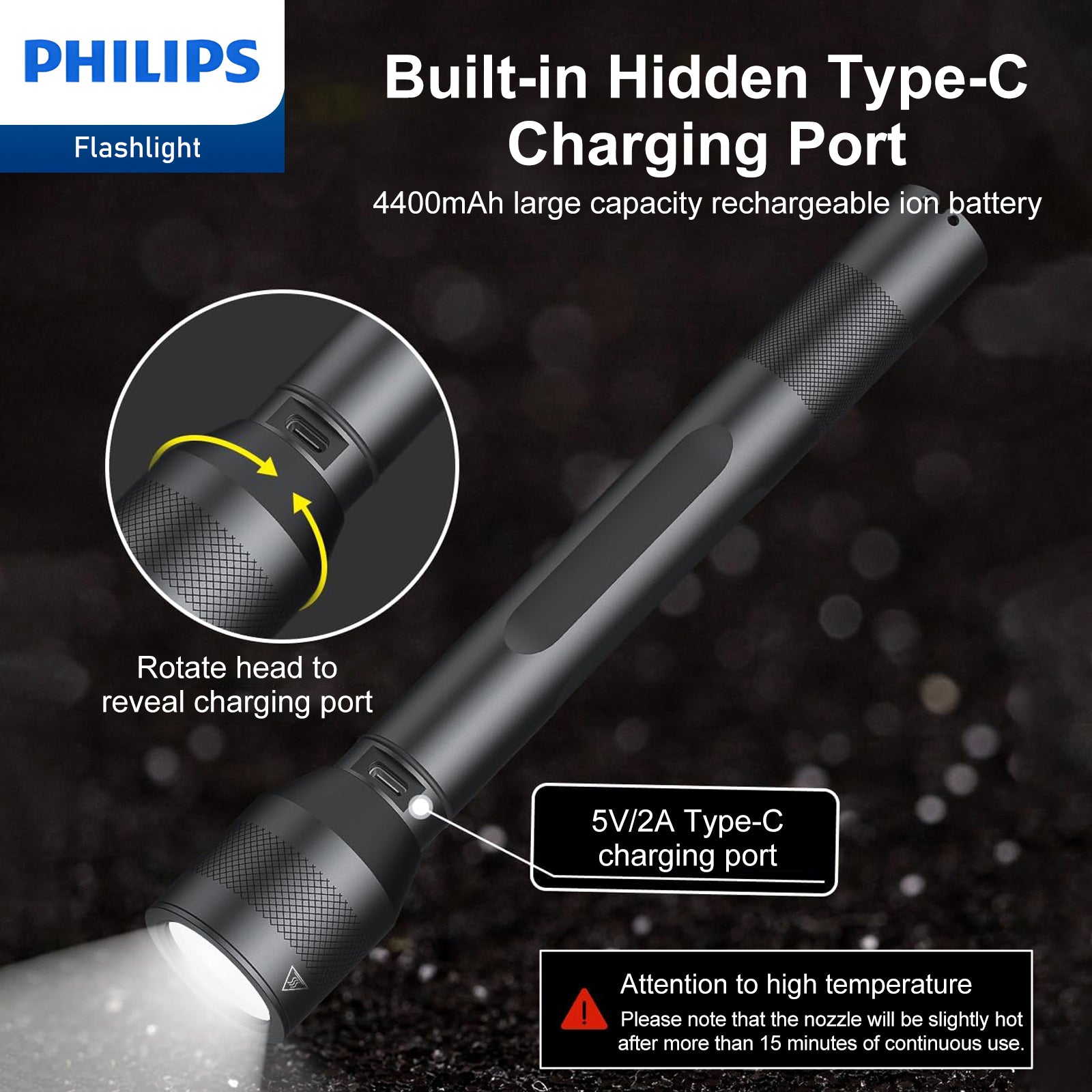 Philips Rechargeable LED Flashlights High Lumens, 1000 Lumens Bright Powerful Tactical Handheld Flash Light, 5 Modes IPX5 Waterproof Flash Lights for Camping, Emergency, Hiking, Black SFL3602R - Image 11