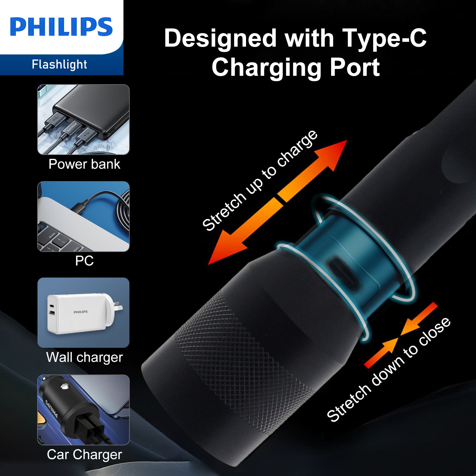 Philips Rechargeable LED Flashlights High Lumens, 1000 Lumens Bright Powerful Tactical Handheld Flash Light, 5 Modes IPX5 Waterproof Flash Lights for Camping, Emergency, Hiking, Black SFL3602R - Image 4