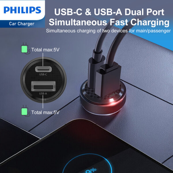 Philips Ultra Fast Car Charger with USB-A to USB-C Cable (DLP2522A) - Image 6