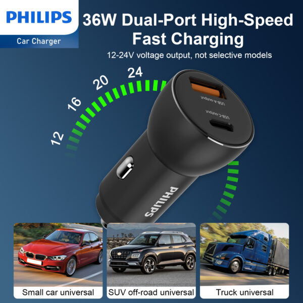 Philips QC+PD Car Charger with USB-C to Lightning Cable (DLP2521L) - Image 4